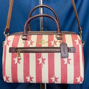 COACH Rowan Off-white Chalk Red Stars & Stripes Patriotic Satchel Crossbody Bag